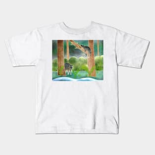 Cute Racoons in the Forest, Batik silk painting style Kids T-Shirt